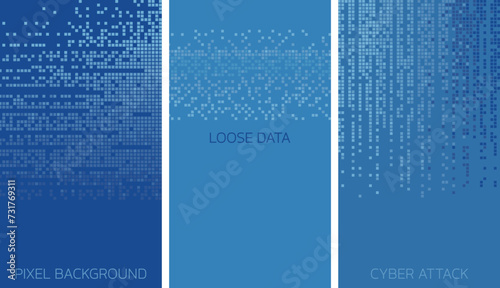 Abstract pixel art vertical poster set. Shades of blue. Instagram and TikTok stories backgrounds. Copy space. Digital design for technical and social media modern projects.