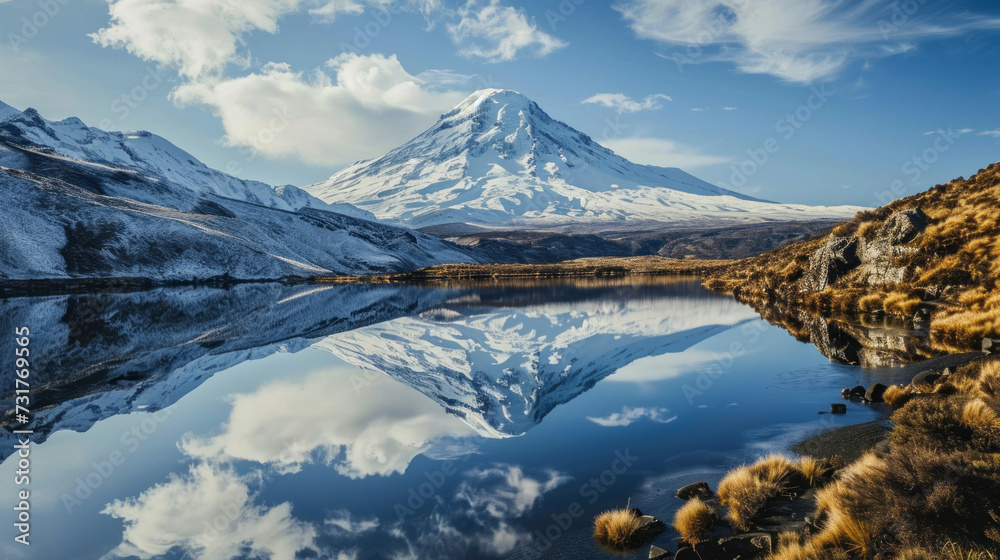 A serene mountain lake reflects a snow-capped peak under a clear blue sky, surrounded by the golden hues of alpine grasses, creating a mirror image in the still water