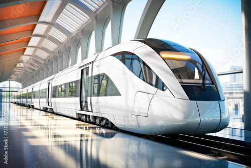 Electric modern high-speed train in a futuristic sunlit station. Concept of sustainable, eco-friendly travelling and energy efficient low emission public transportation