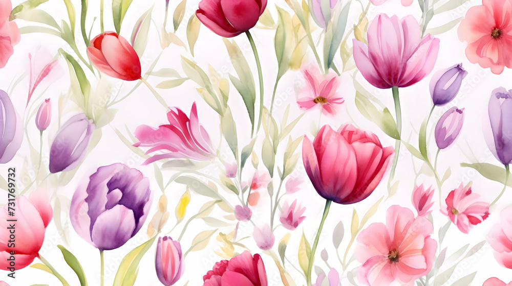 Boho pattern with red and purple tulips flower in garden composition, watercolor seamless pattern best for invitation card or print