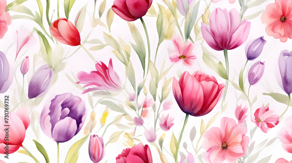 Boho pattern with red and purple tulips flower in garden composition, watercolor seamless pattern best for invitation card or print Boho pattern with red and purple tulips flower in garden composition, watercolor seamless pattern best for invitation card or print
