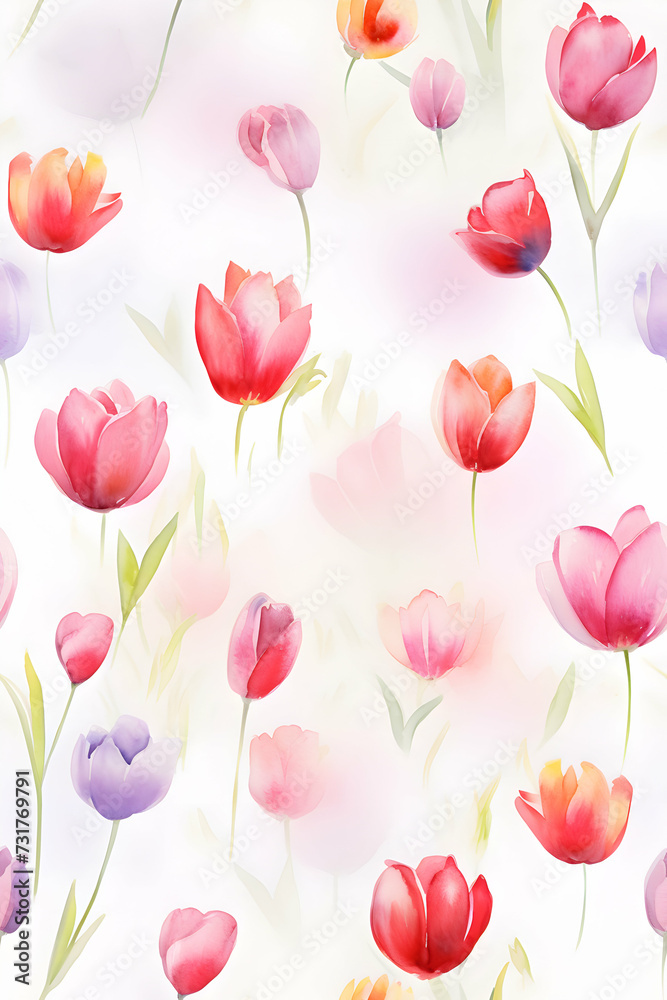 Beautiful watercolor boho tulips pattern against white background, floral seamless pattern, fabric textile print