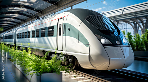 Futuristic modern high-speed train at a station with lush greenery and natural light. Concept of sustainable, eco-friendly travelling and energy efficient low emission public transportation