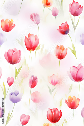 Beautiful watercolor boho tulips pattern against white background  floral seamless pattern  fabric textile print
