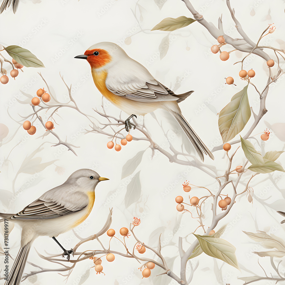 Colorful painting with birds sit on branches with red cranberries and leaves. Watercolor delicate seamless pattern, muted color