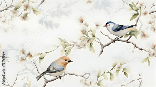 Bird painting with twigs and branches in seamless style, spring seasonal wallpaper with blooming flowers, decor print background