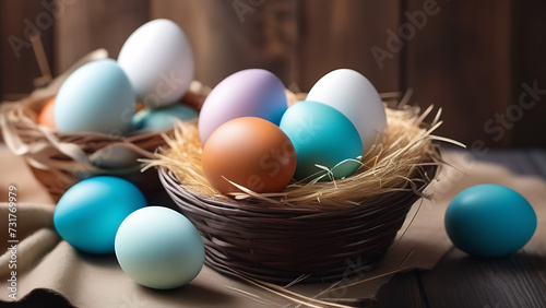 easter eggs in a basket. Multi-colored eggs lying on straw in wicker baskets on the eve of Easter.
