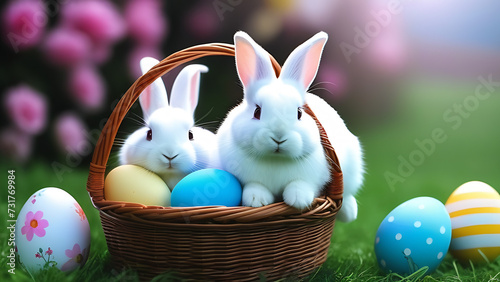 Two white beautiful Easter bunnies sitting in a wicker basket, against a background of spring flowers and colorful decorated eggs.  Happy Easter holiday concept