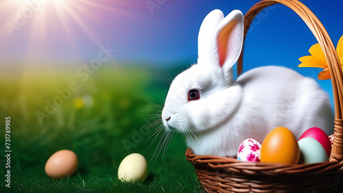 easter bunny with eggs. A white rabbit sitting in a wicker basket among colorful eggs.  Background of spring tulips.  Easter holiday