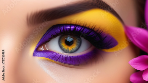 Beautiful gray female eye close-up.  Makeup done in yellow and purple colors.  International Women's Day holiday concept