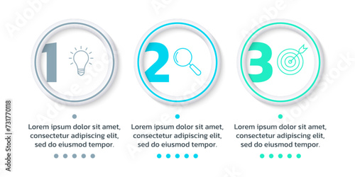 3 step, option infographic with business icons. Process diagram, timeline info graphic design elements. Modern layout, flow chart with three numbers and 3d circles. Vector illustration.