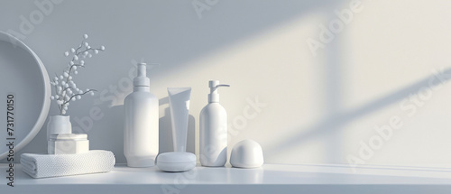 Simplistic elegance of bathroom products aligned on a shelf  bathed in soft daylight