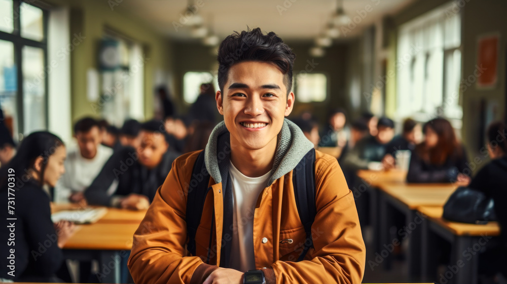 Cheerful young Asian male student smiling at the camera with a classroom full of fellow students studying in the background, embodying academic success and happiness Cheerful young Asian male student smiling at the camera with a classroom full of fellow students studying in the background, embodying academic success and happiness