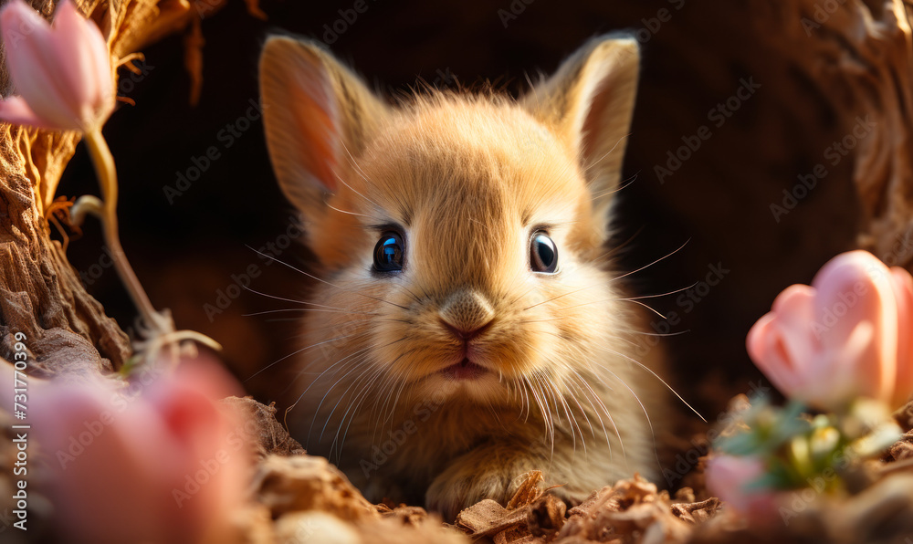 Adorable brown rabbit peeking out of a cracked pink egg against a soft ...
