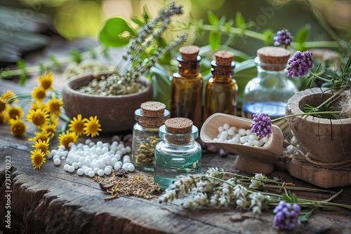 Homeopathy and dietary supplements from medicinal herbs and flowers  alternative medicine concept