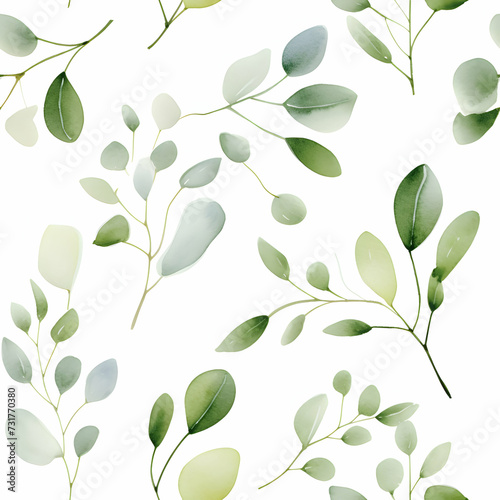 Twigs with eucalyptus leaves on white isolated background. Watercolor plants with seamless pattern design best for wrapping paper or invitation
