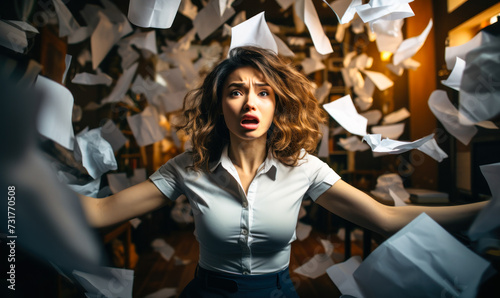 Overwhelmed young businesswoman in panic with papers flying in chaos at her workplace, concept of stress and deadline in the corporate environment photo