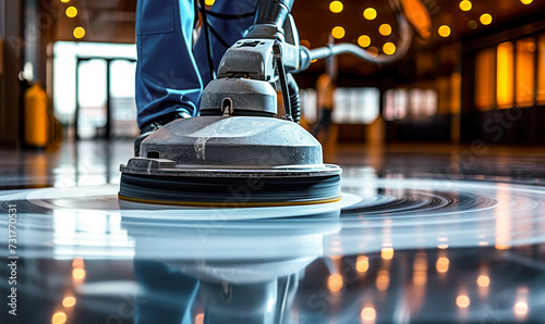 Professional janitorial staff using an industrial floor buffer machine for cleaning and polishing the hallway of a modern corporate or commercial building photo