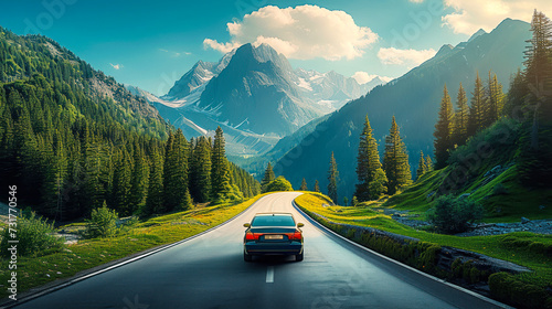 Luxury sedan driving on a scenic mountain road with panoramic views of alpine peaks and lush green forests in a tranquil summer travel adventure
