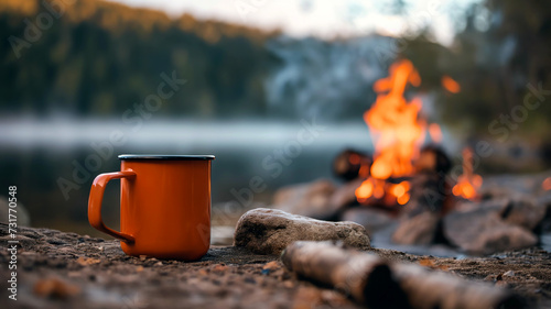 campfire and enamel mug camping outdoors