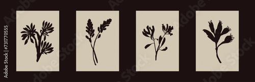 Handmade linocut wildflower sprig vector motif clipart in folkart scandi style. Simple monochrome block print shapes with woodcut paper texture effect. 
