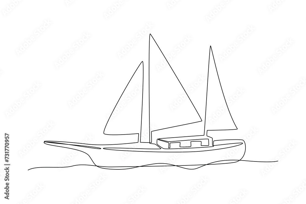Single one line drawing little sailing ship, boat, sailboat, flat style. Sailing ship, sailboat with white sails. Continuous line draw design graphic vector illustration Single one line drawing little sailing ship, boat, sailboat, flat style. Sailing ship, sailboat with white sails. Continuous line draw design graphic vector illustration