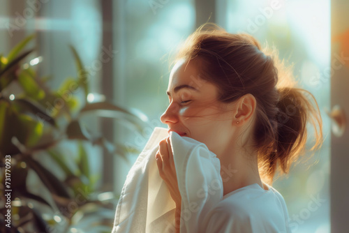 Free Download Woman Enjoys the Scent of Fresh Laundry - GFXLoad