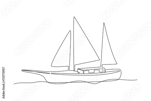 Canvas Print Single one line drawing little sailing ship, boat, sailboat, flat style