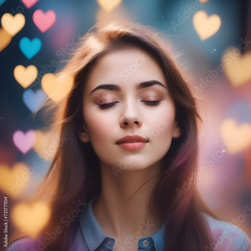 young attractive woman dreams with closed eyes, falling in love, flying hearts, inspiration, verve, dream, portrait, date, girlfriend, relationship 