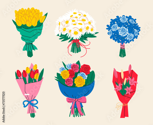 Flower bouquet. Set of various beautiful bouquets.Collection of various flowering plants with stems and leaves.Flower bouquet colorful summer flowers set for invitation, greeting card, poster, frame, 