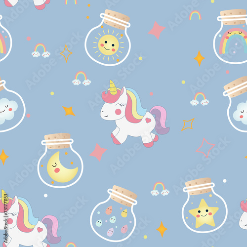 Cartoon illustration with unicorn and funny characters in bottles. Can be used to design any children's products. Cloud, star, month, sun in cute bottles. Seamless pattern with unicorn.