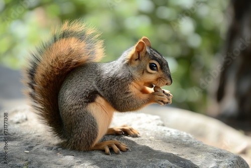 side view of squirrel eating pine nut on rock