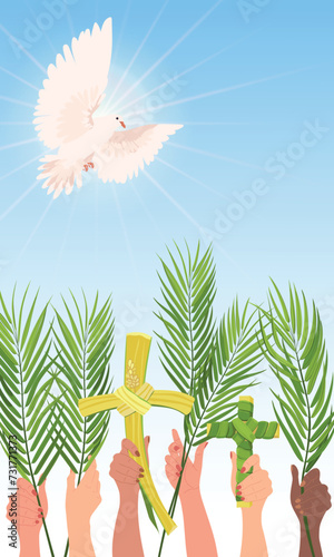 Palm Sunday celebration vector banner. Hands of people of different nationalities are raised with palm branches. White dove in the sky, the embodiment of the holy spirit. Postcard in cartoon style.