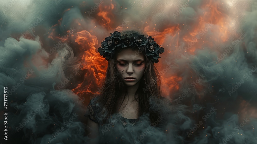 sad girl with a black wreath on her head against a background of smoke and fire.