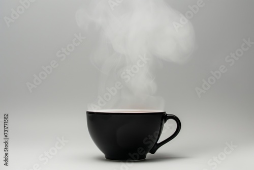 stream of steam rising straight from a black coffee cup on white