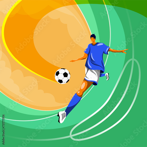 Cartoon style art. Soccer player in motion of mid-kick playing against dynamic swirls over multicolored background. Concept of sport event  competition  tournament  game. Creative colorful design