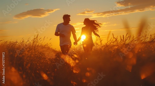Young pair man and women running together on sun silhouette, fun spending time in summer 