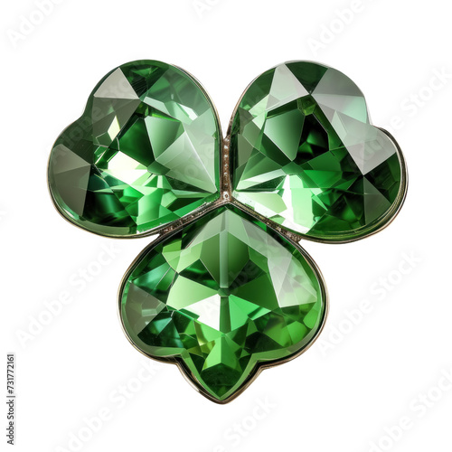Green Four-Leaf Clover Gemstone Isolated on White or Transparent Background