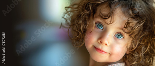 A child with bright blue eyes and curly hair offers a look of innocence and wonder photo