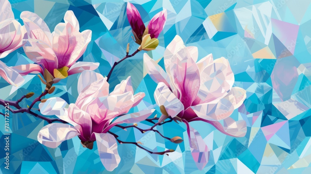 An artistic illustration featuring delicate pink magnolia flowers in bloom, set against a geometric mosaic-like blue background