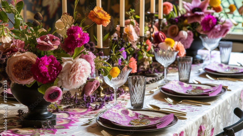 An elegantly set table with vibrant floral arrangements and patterned textiles, creating a festive and inviting dining atmosphere