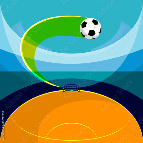 Soccer ball in motion, flying over field towards goal. Dynamics, action. Promotional image for soccer tournament broadcast. Concept of sport event, competition, game. Creative colorful design