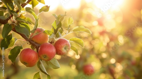 A branch with natural apples on a blurred background of an apple orchard at golden hour. The concept of organic, local, seasonal fruits and harvest