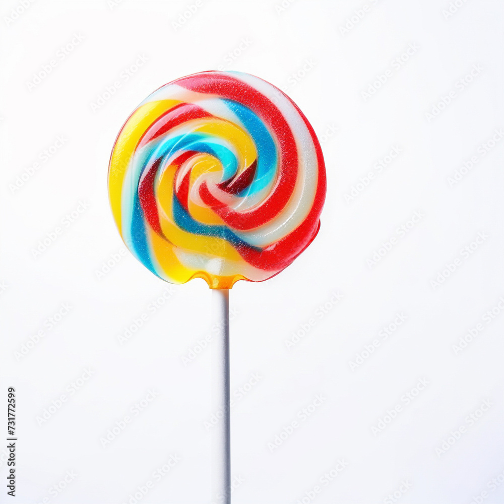 A colorful lollipop with a white stick, sitting on a white background. ai generative A colorful lollipop with a white stick, sitting on a white background. ai generative