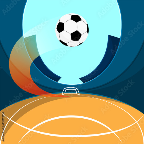 Soccer ball in motion, flying over field towards goal. Dynamics, action. Promotional image for soccer tournament broadcast. Concept of sport event, competition, game. Creative colorful design. poster