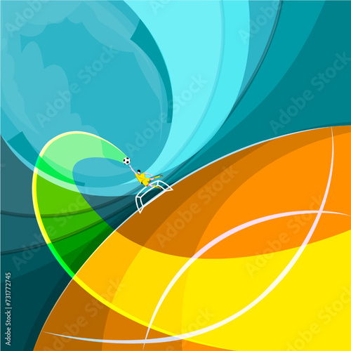 Stylized athlete in motion, goalkeeper playing playing football against multicolored dynamic background. Concept of sport event, competition, tournament, game. Creative colorful design. Poster