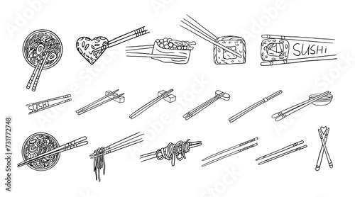 Big set of different chopsticks used in Asia in doodle style. Bamboo sticks. Chinese and japanese chopsticks, sushi chopsticks, noodle and rice chopsticks. Hand drawn photo