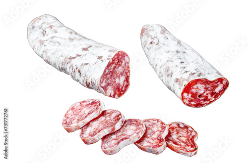 Fuet Salami cut in slices and Rosemary. Traditional Spanish sausage.  Isolated, Transparent background.