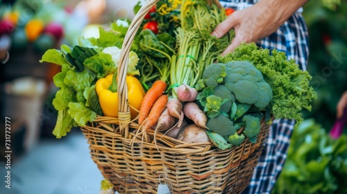 Close up hand holding basket with fresh colorful vegetables in supermarke photo