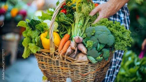 Close up hand holding basket with fresh colorful vegetables in supermarke